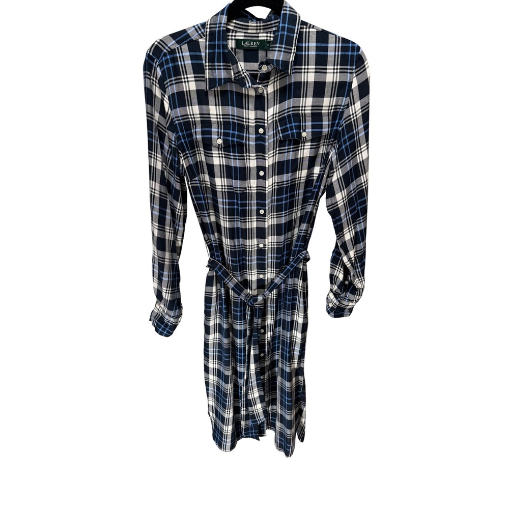 Lauren Ralph Lauren Shirt Dress Women 6 Blue Plaid Belted Long Sleeve Preppy